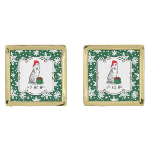 Christmas Santa Hat Siberian Husky (silver) Cute Cufflinks