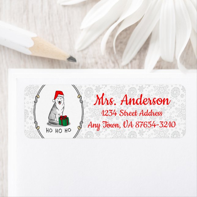 Christmas Santa Hat Siberian Husky (silver) Cute Label (Insitu)