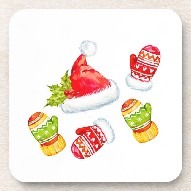 Christmas Santa Hat, Snowflakes, and Mitten Beverage Coaster (Front)