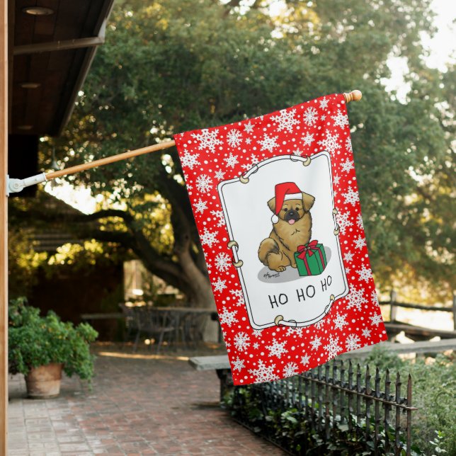 Christmas Santa Hat Tibetan Spaniel (Brown) Cute House Flag (In SItu)