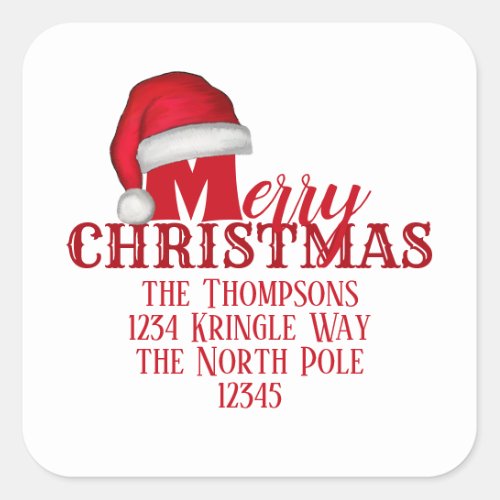 Christmas Santa Hat Whimsical Return Address Square Sticker