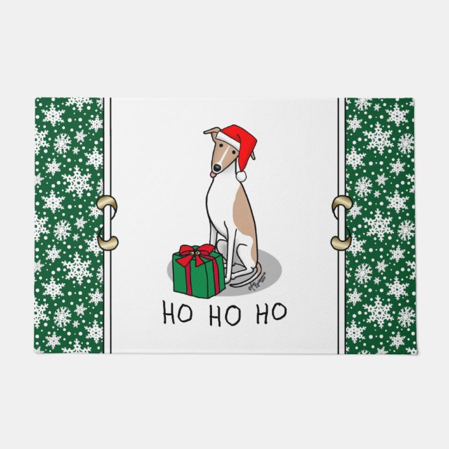 Christmas Santa Hat Whippet Dog Fawn & white Cute Doormat (Front)