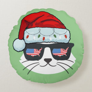 Christmas Santa Hat With Cat Face Usa Flag Spets Round Pillow