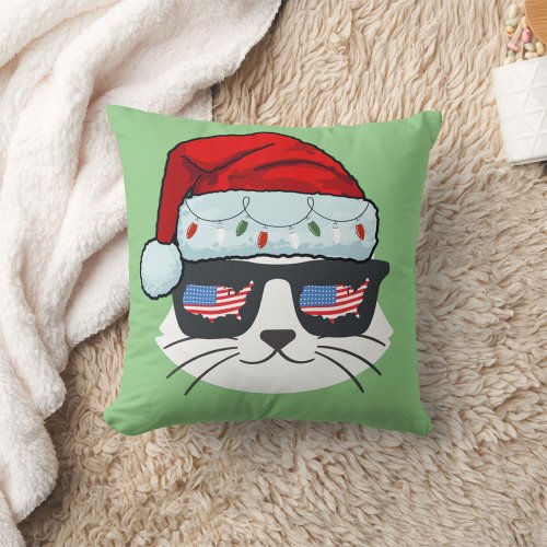 Christmas Santa Hat With Cat Face Usa Flag Spets Throw Pillow
