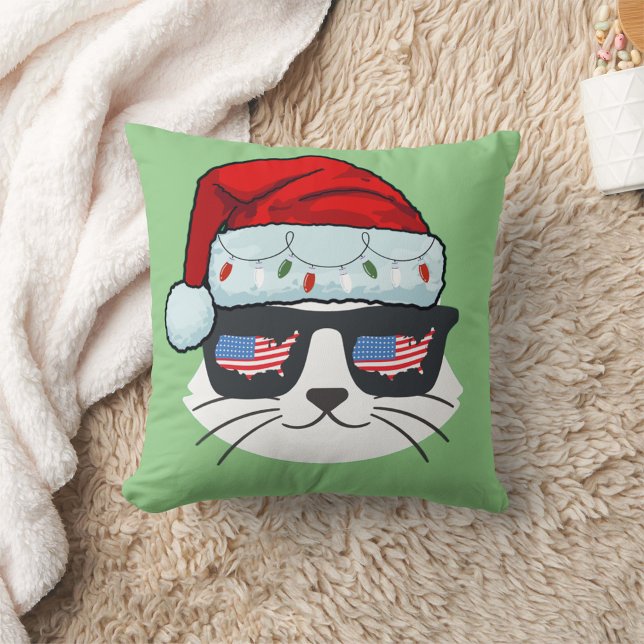 Christmas Santa Hat With Cat Face Usa Flag Spets Throw Pillow (Creator Uploaded)