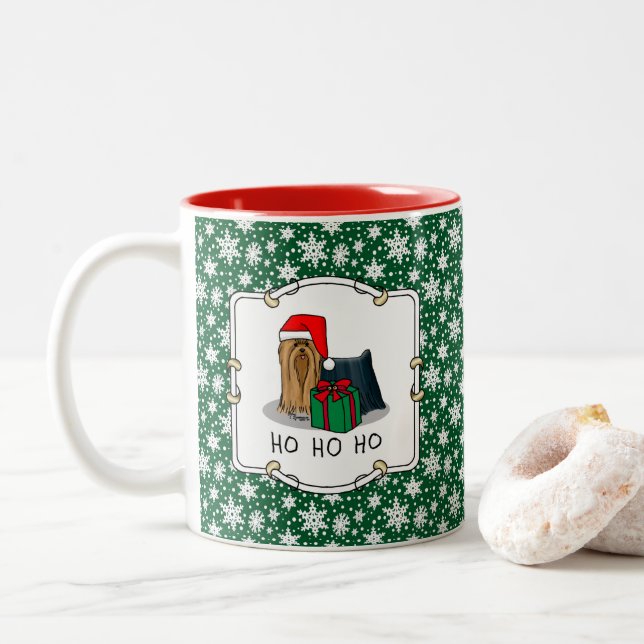 Christmas Santa Hat Yorkshire Terrier Yorkie Cute Two-Tone Coffee Mug (With Donut)