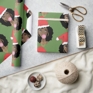 Christmas Santa Hats, Black Women, Bubblegum Green Wrapping Paper