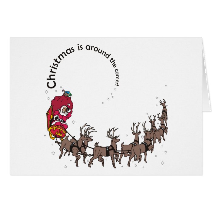 Christmas Santa, his sleigh and reindeer in snow Cards