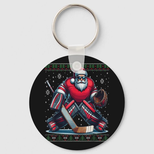 Christmas Santa Hockey Goalie Ugly Christmas Sweat Keychain (Front)