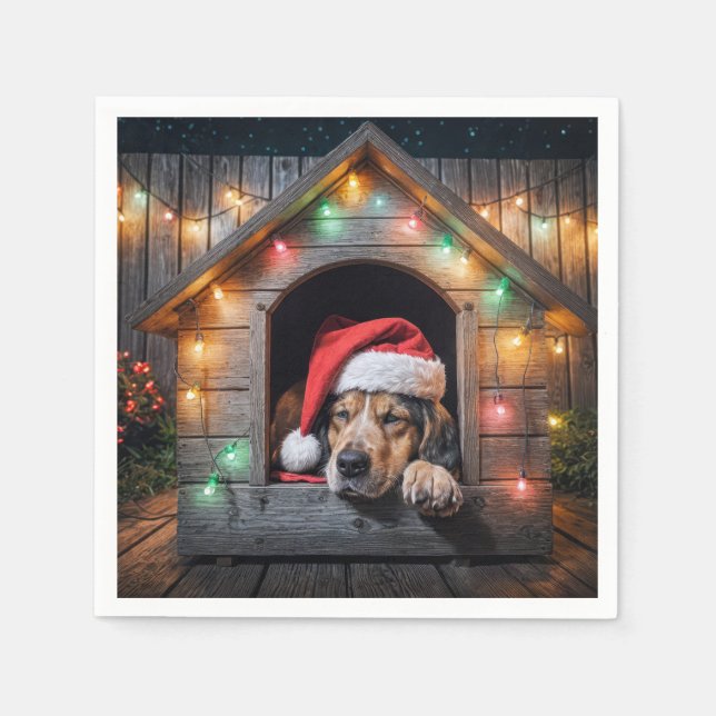 Christmas Santa Hound Dog In Doghouse Napkins (Front)