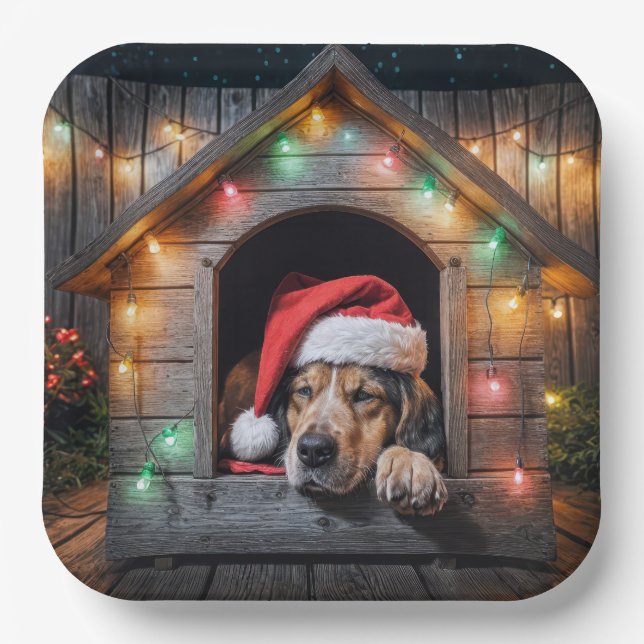 Christmas Santa Hound Dog In Doghouse Paper Plates (Front)