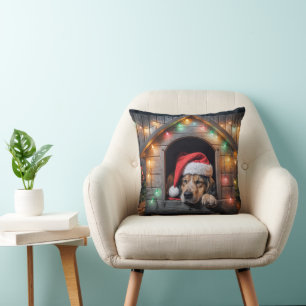 Christmas Santa Hound Dog In Doghouse Throw Pillow