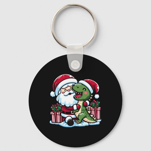 Christmas Santa Hugging T Rex Dinosaur In Santa Ha Keychain (Front)