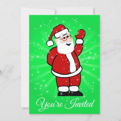 Christmas Santa in Red Suit Green Background Snow Invitation