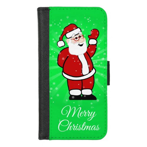 Christmas Santa in Red Suit Green Background Snow iPhone 87 Wallet Case