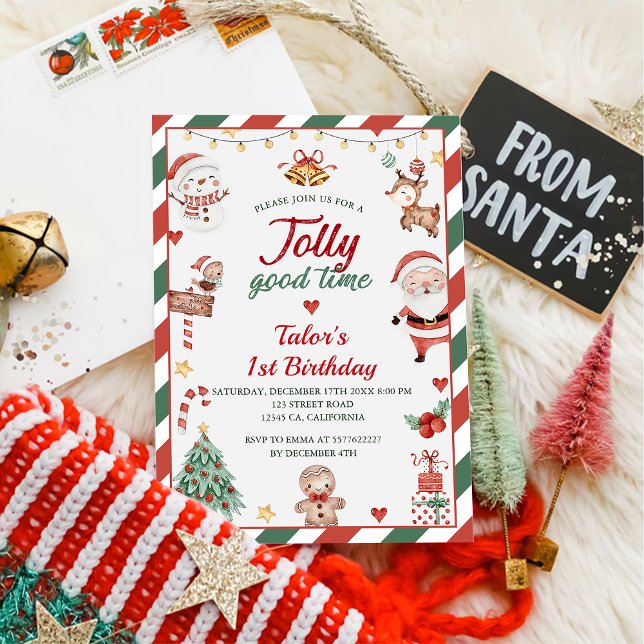 Christmas Santa Jolly Good Time 1st Birthday Party Invitation (Creator Uploaded)