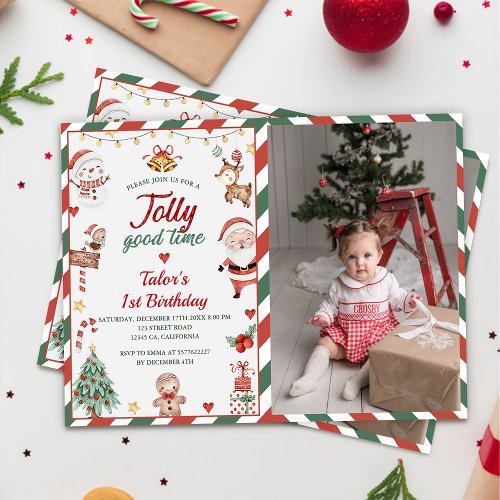 Christmas Santa Jolly Good Time 1st Birthday Photo Invitation