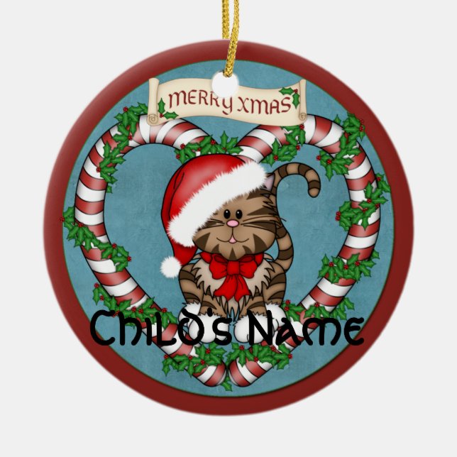 Christmas Santa Kitty Ceramic Ornament (Front)