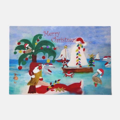 Christmas Santa mermaid coastal boat parade doorma Doormat