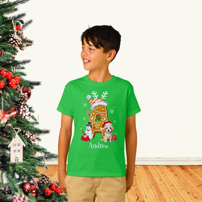 Christmas Santa Monogram Gingerbread Letter A Boy  T-Shirt (Creator Uploaded)