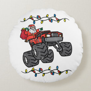 Christmas Santa Monster Truck Boys Kids Toddler Yo Round Pillow