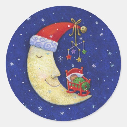 Christmas Santa Moon w Baby Classic Round Sticker