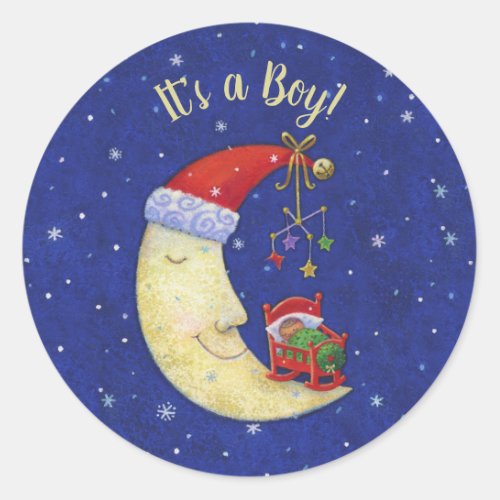 Christmas Santa Moon w Baby Its a Boy Classic Round Sticker