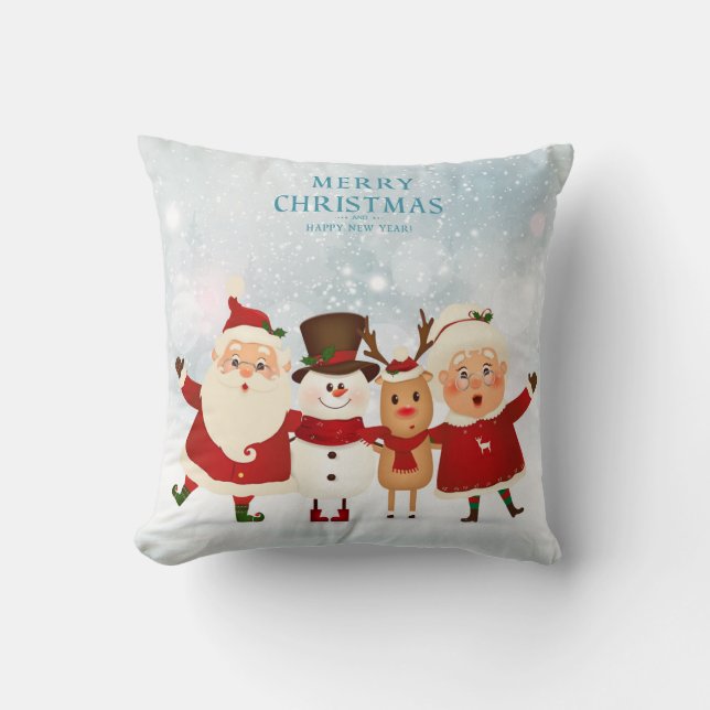 Christmas Santa, Ms. Claus Rudolph and Snowman Throw Pillow (Front)