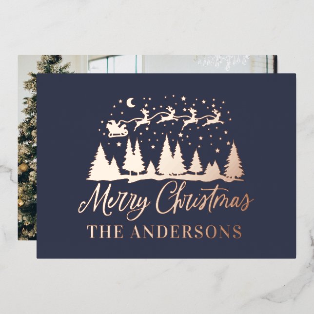 Christmas santa navy elegant traditional photo foil holiday card (Front/Back)
