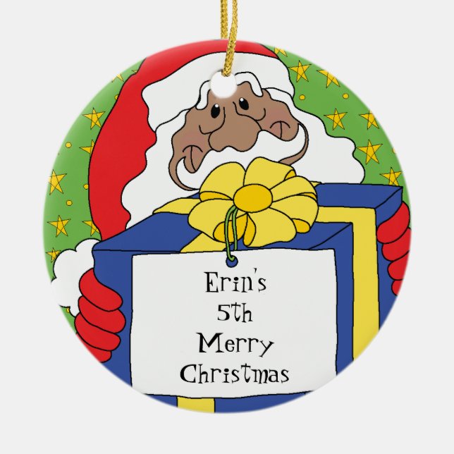 Christmas Santa of Color Presents Ceramic Ornament (Front)