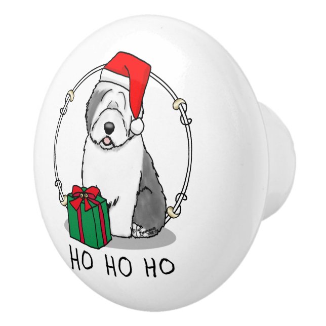 Christmas Santa Old English Sheepdog (Gray 1) Cute Ceramic Knob (Right)