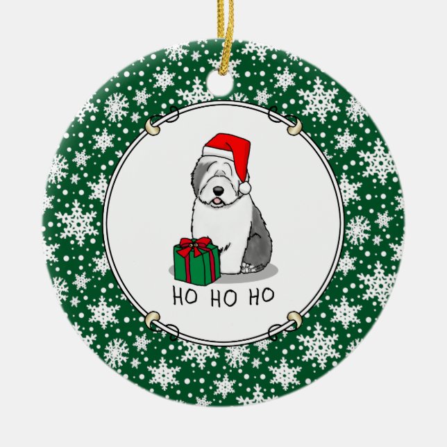Christmas Santa Old English Sheepdog (Gray 1) Cute Ceramic Ornament (Front)