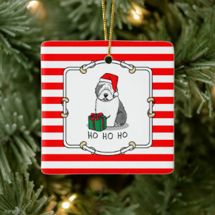 Christmas Santa Old English Sheepdog (Gray 1) Cute Ceramic Ornament