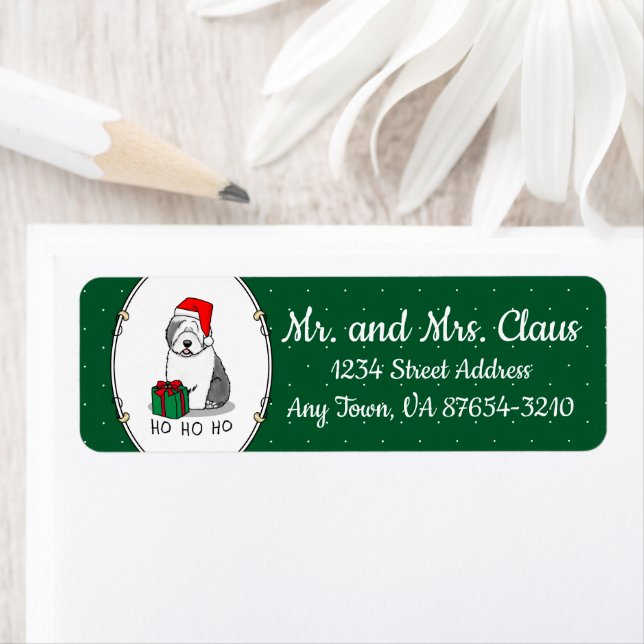 Christmas Santa Old English Sheepdog (Gray 1) Cute Label (Insitu)