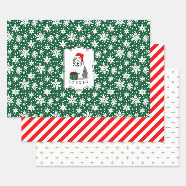 Christmas Santa Old English Sheepdog (Gray 1) Cute Wrapping Paper Sheets (Set)
