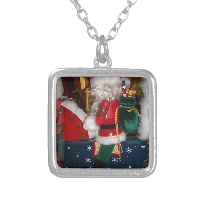 Christmas Santa on a Horse with Snow Art Print Silver Plated Necklace (Front)