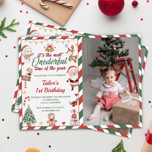 Christmas Santa Onederful 1st Birthday Photo Invitation