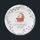Christmas Santa Onederful First Birthday Paper Plates<br><div class="desc">It's the most ONEderful time of the year! Santa Sleigh first birthday party plates with watercolor santa in sleigh.</div>