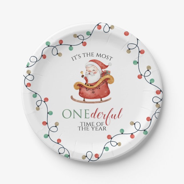 Christmas Santa Onederful First Birthday Paper Plates (Front)