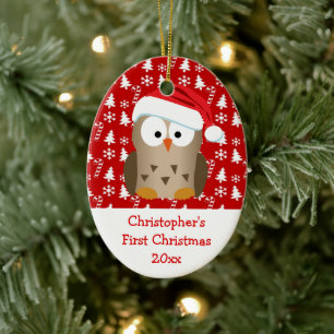 Christmas Santa Owl Personalized Kids/Baby/First Ceramic Ornament