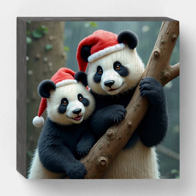 Christmas Santa Panda Bears Wooden Box Sign (Front Horizontal)