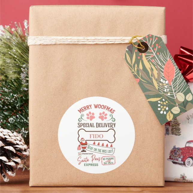 Christmas Santa paws add name pet dog Classic Round Sticker (Holiday)