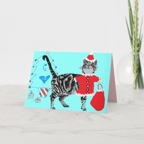 Christmas Santa Paws Stripy Tabby Cat Card Aqua