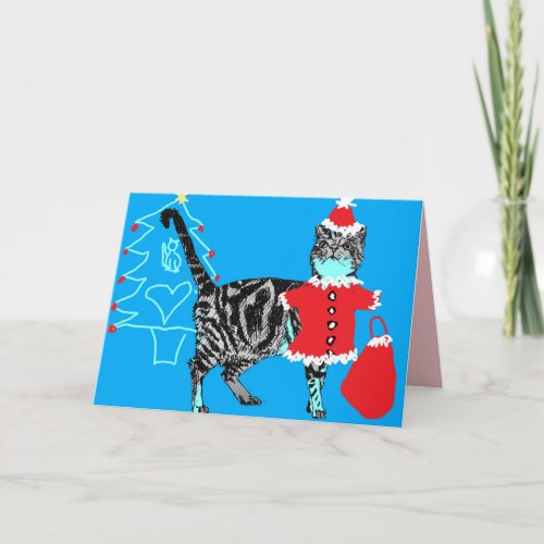 Christmas Santa Paws Stripy Tabby Cat Card Blue