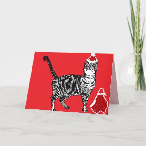 Christmas Santa Paws Stripy Tabby Cat Card Red