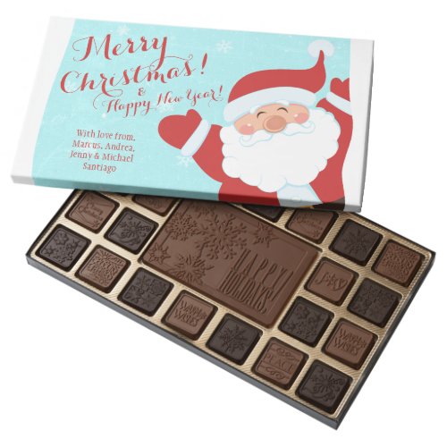 Christmas Santa Personalized 45 Piece Box Of Chocolates - Cute cartoon Santa Claus personalized Christmas or Xmas gift box of chocolate. The colors in the design are are red, white, and pale blue. Santa is prominent in the corner over a pale blue snowy background. The text says Merry Christmas & Happy New Year. Personalized with your own gift message.