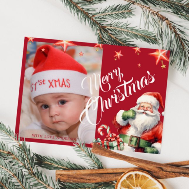 Christmas Santa Personalized Photo Red Postcard (Creator Uploaded)