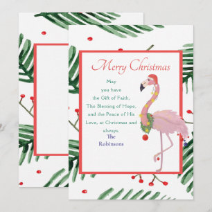 Christmas Santa Pink Flamingo Green Xmas Wreath Holiday Card