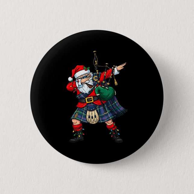 Christmas Santa Playing Scottish Bagpes Funny Holi Button (Front)