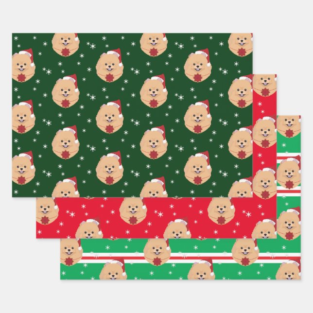 Christmas Santa Pomeranian Dog Snowflake Wrapping Paper Sheets (Set)